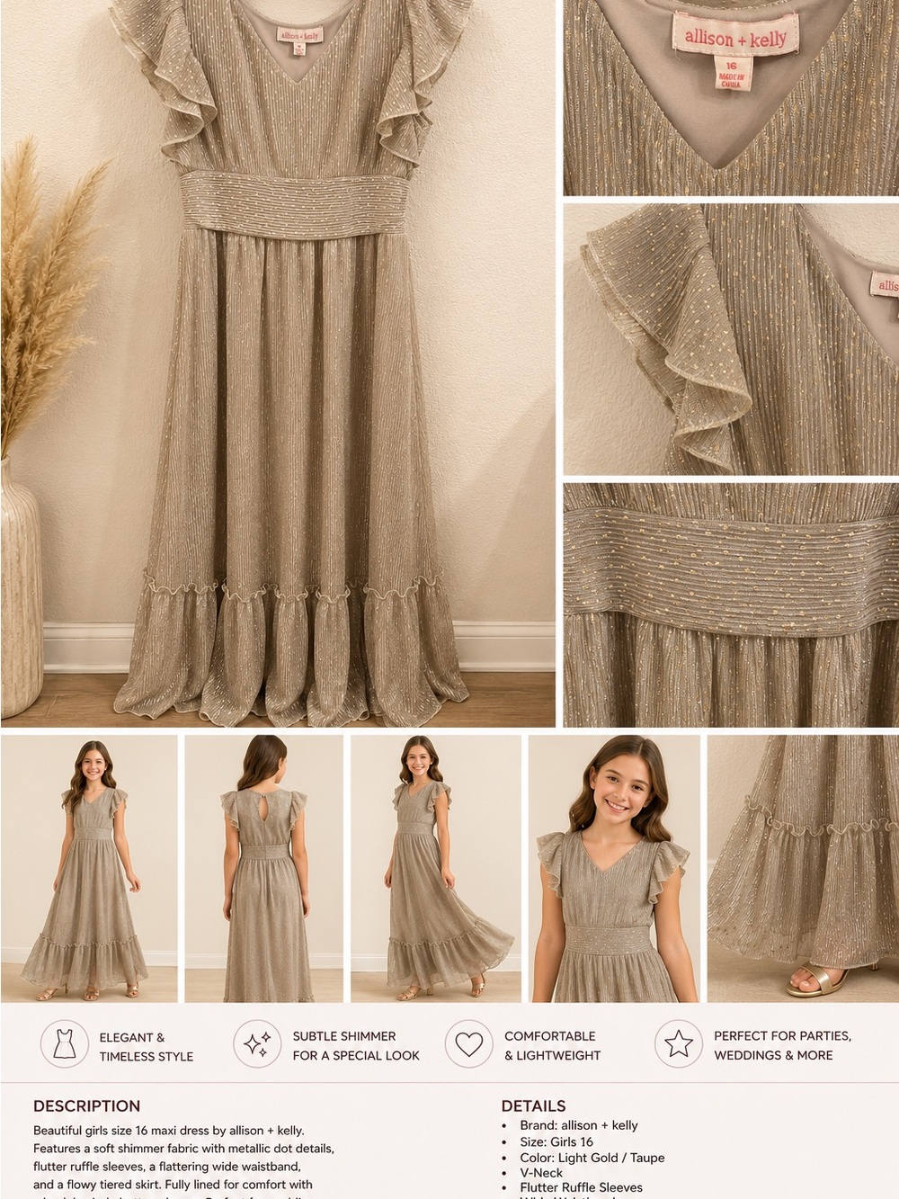 Girls' Light Gold Maxi Dress with Shimmer